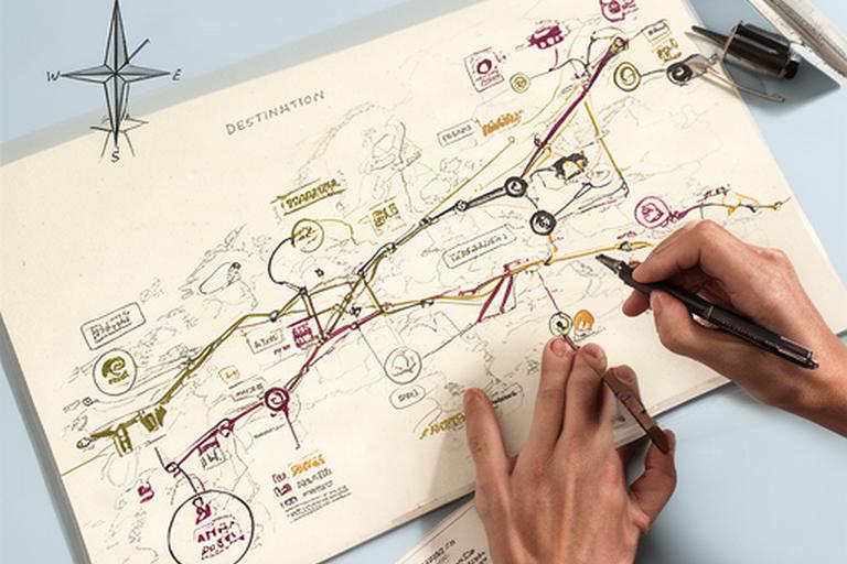 Travel planner marking transport stops and cash access points on a hand-drawn destination map