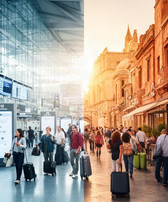 Busy international airport arrival hall beside a sunlit old town street with travelers checking transport signs