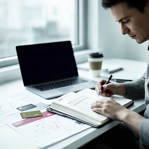 Travel planner reviewing an ATM access notebook at a bright office desk