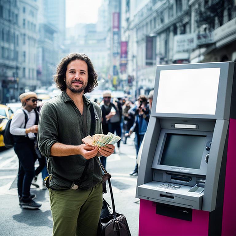 Traveller holding local currency beside an ATM on a busy international street