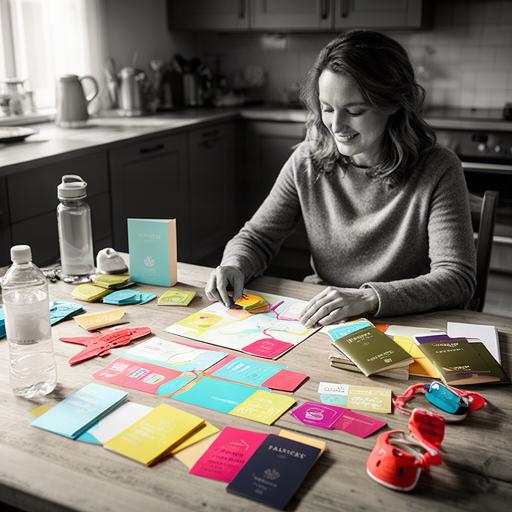 Family trip designer organising a colourful itinerary at a kitchen table