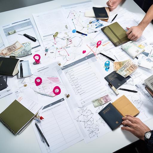 Travel planning team desk covered with route notes, currency and destination checklists